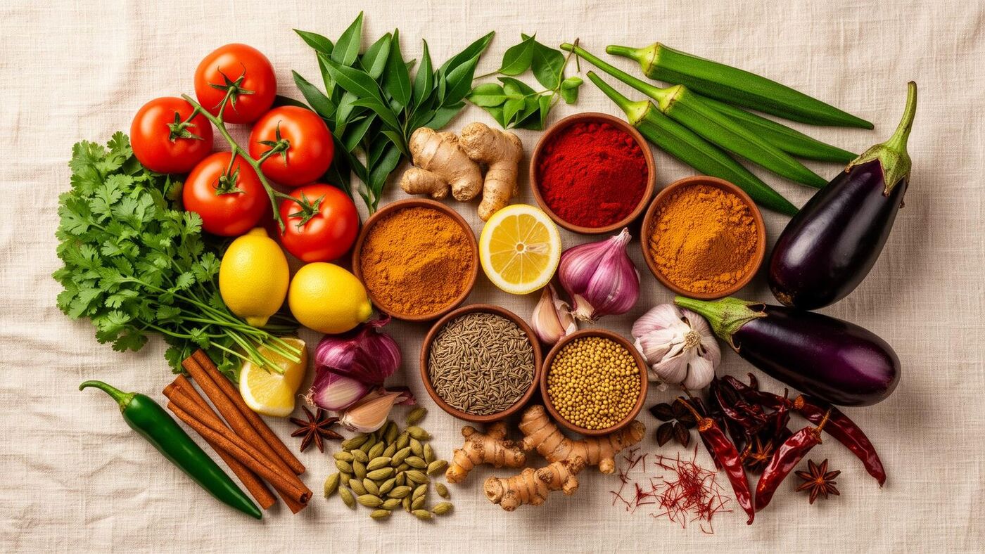Fresh Indian ingredients, vegetables and masalas